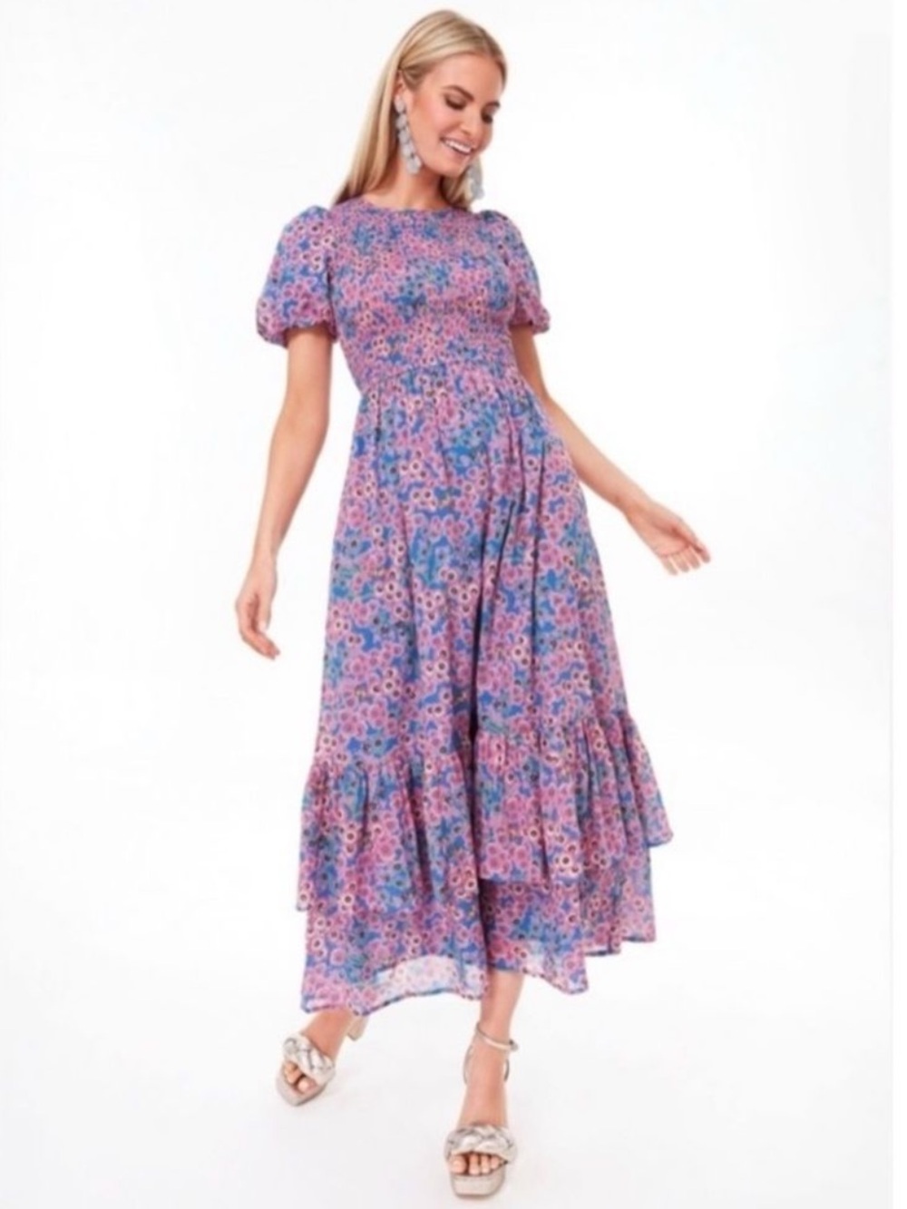 Banjanan Quant Tiered Floral Dress Dazzling Blue Size XS
